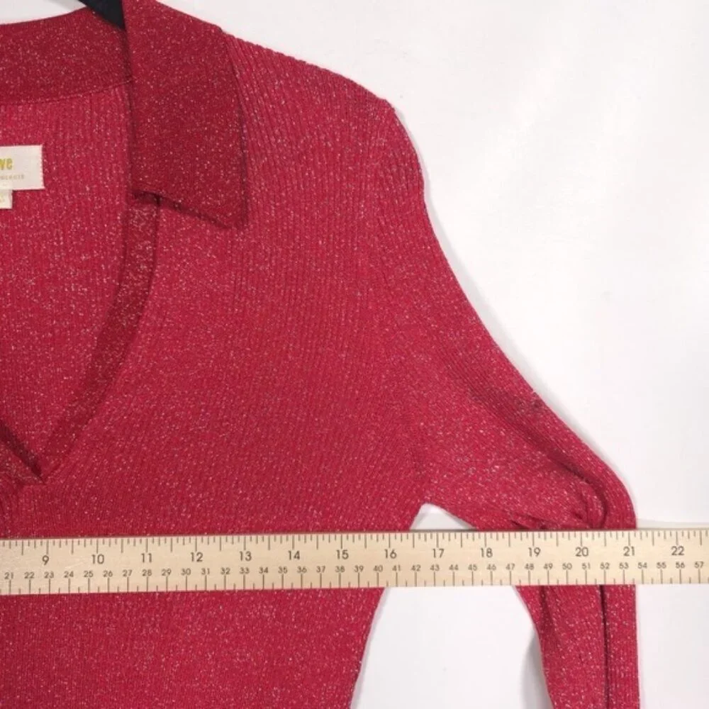 Maeve Anthropologie V-Neck Lurex Polo Sweater MEDIUM Shiny Metallic‎ Long Sleeve